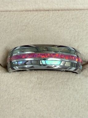 Tungsten Carbide Ring band Carmine Red Opal and Abalone Shell Wedding Engagement